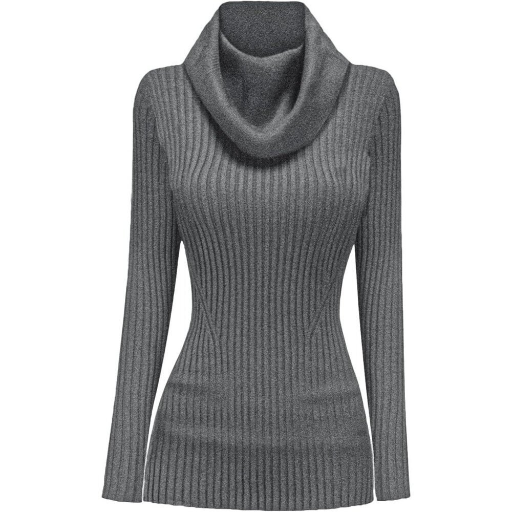 Women’s Cowl Neck Light Gray Stretchable Knit Long Sleeve Bodycon Sexy Sweater - Picture 3 of 5